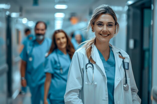 Equipe médica alegre posando em retrato de grupo no corredor do hospital