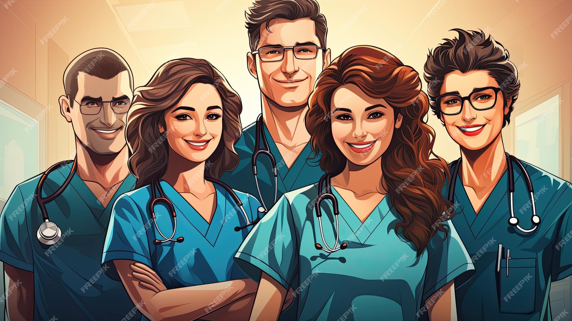 Ilustração dos desenhos animados da equipe de equipe médica do hospital,  personagens de médicos e enfermeiros.