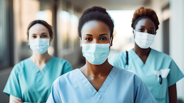 Equipe médica de uniforme azul com máscara no rosto.