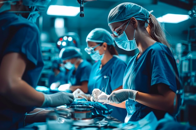 Equipe médica em ação Cirurgiões e enfermeiros realizando cirurgia na sala de emergência do hospital Assistente ajudando com instrumentos durante a operação