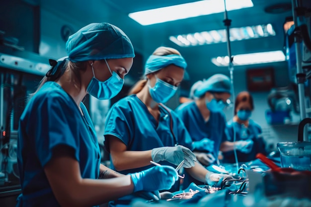 Equipe médica realizando uma cirurgia na sala de emergência do hospital assistente entregando instrumentos aos cirurgiões durante a operação