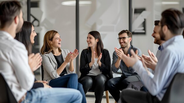 Equipe profissional aplaudindo após uma reunião bem-sucedida Colegas em escritórios modernos celebrando conquistas Ambiente de trabalho casual e positivo capturado em um cenário brilhante AI