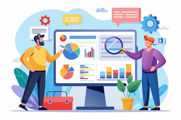 Equipe profissional de negócios analisando dados de negócios em várias telas Ilustração