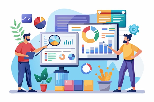 Equipe profissional de negócios analisando dados de negócios em várias telas Ilustração