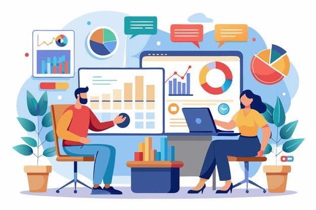 Equipe profissional de negócios analisando dados de negócios em várias telas Ilustração