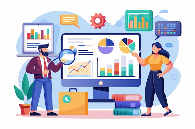 Equipe profissional de negócios analisando dados de negócios em várias telas Ilustração