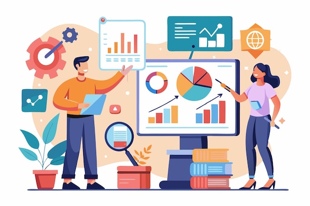 Equipe profissional de negócios analisando dados de negócios em várias telas Ilustração