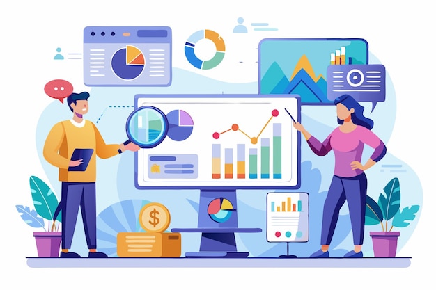 Equipe profissional de negócios analisando dados de negócios em várias telas Ilustração