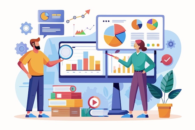 Equipe profissional de negócios analisando dados de negócios em várias telas Ilustração