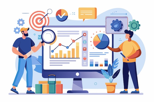 Equipe profissional de negócios analisando dados de negócios em várias telas Ilustração