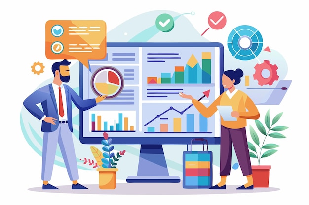 Equipe profissional de negócios analisando dados de negócios em várias telas Ilustração