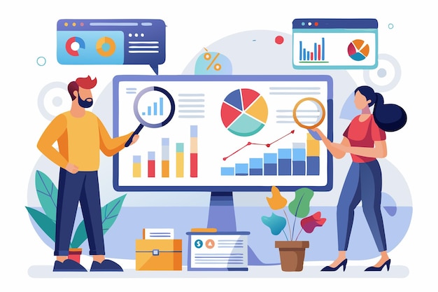 Equipe profissional de negócios analisando dados de negócios em várias telas Ilustração