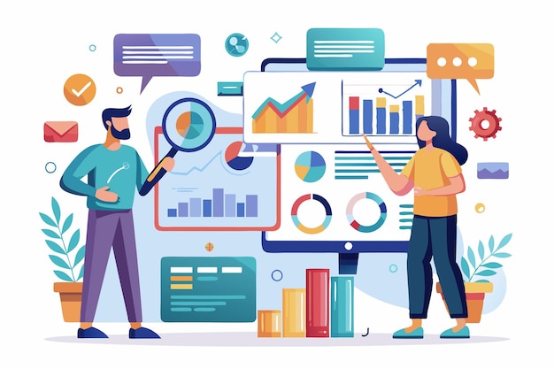 Equipe profissional de negócios analisando dados de negócios em várias telas Ilustração