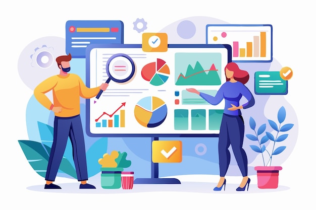 Equipe profissional de negócios analisando dados de negócios em várias telas Ilustração