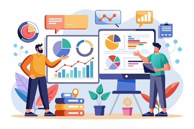 Equipe profissional de negócios analisando dados de negócios em várias telas Ilustração