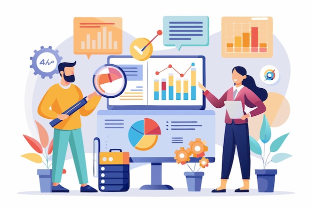 Equipe profissional de negócios analisando dados de negócios em várias telas Ilustração