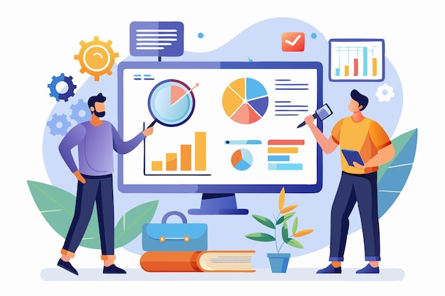 Equipe profissional de negócios analisando dados de negócios em várias telas Ilustração