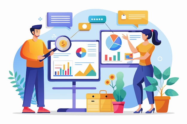 Equipe profissional de negócios analisando dados de negócios em várias telas Ilustração