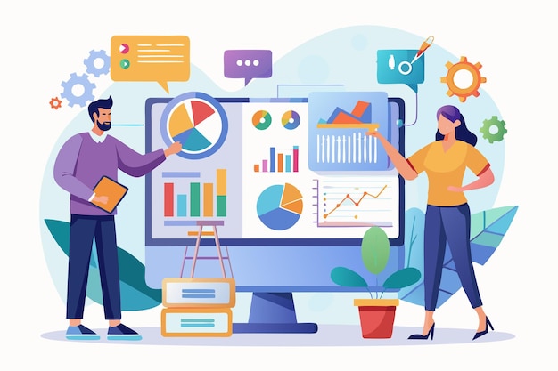 Equipe profissional de negócios analisando dados de negócios em várias telas Ilustração