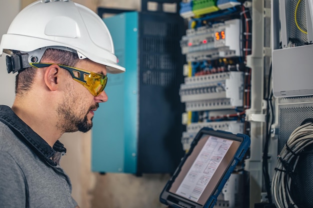 Equipe um técnico elétrico trabalhando em um quadro de distribuição com fusíveis