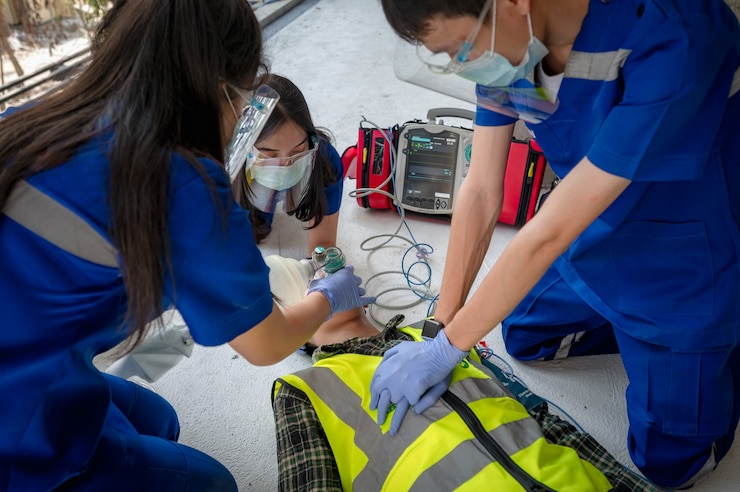 Foto equipes médicas de emergência estão ajudando pacientes inconscientes usando desfibriladores externos automatizados (aed) e fornecendo oxigênio. durante o resgate de trabalhadores inconscientes no canteiro de obras