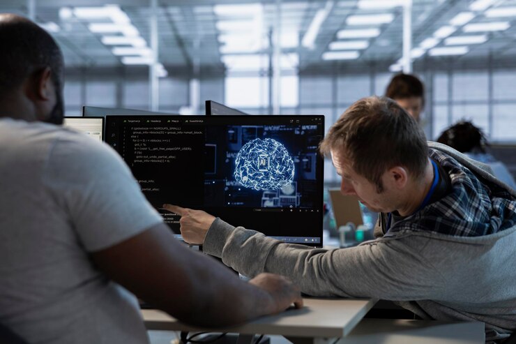 Foto equipo de administradores que hacen automatización del lugar de trabajo del centro de datos utilizando ia