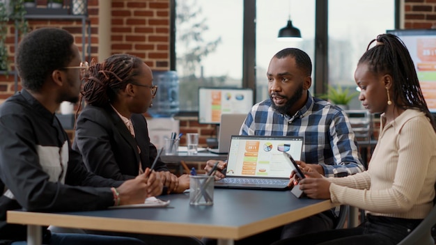 Equipo afroamericano de personas que colaboran en el desarrollo de estrategias comerciales, planificando la presentación de gráficos financieros para el crecimiento de la empresa. Compañeros de trabajo haciendo trabajo en equipo y colaboración con laptop.