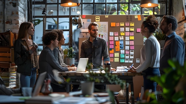 Equipo Agile Scrum colaborando en torno al tablero de tareas en el entorno de la oficina