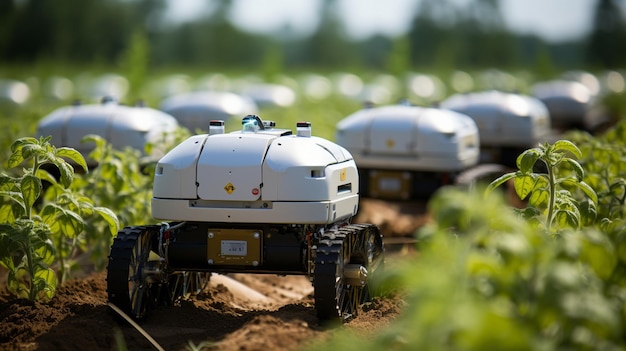 Equipo agrícola robótico en un campo de tomates