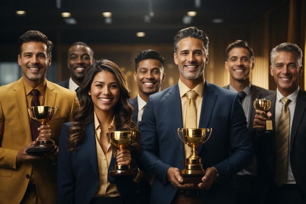 Un equipo de ambiciosos empleados de oficina mostrando con orgullo su trofeo dorado una recompensa por su dedicación