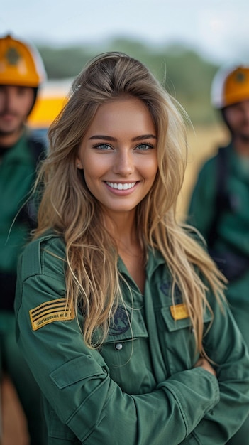 Foto el equipo de la ambulancia está en el fondo y la mujer paramédica sonriente se enfrenta a la cámara