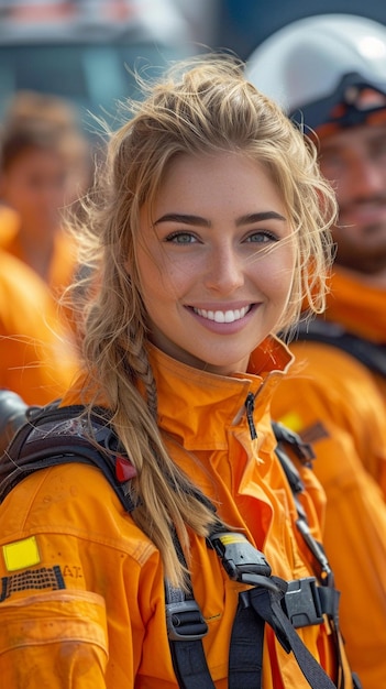 Foto el equipo de la ambulancia está en el fondo y la mujer paramédica sonriente se enfrenta a la cámara