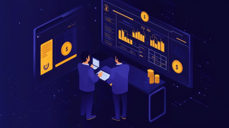 Foto equipo de análisis de datos financieros colaboración empresarios revisando las tendencias del mercado y las estrategias de inversión en pantallas modernas
