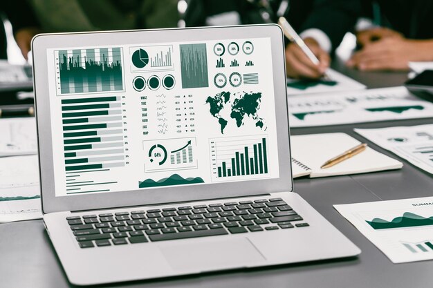 Equipo de analistas de toma panorámica que utiliza BI Fintech para analizar informes financieros con una computadora portátil Empresarios analizando el panel de datos de BI mostrado en la pantalla de una computadora portátil para obtener información empresarial Prodigy