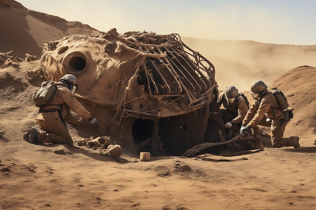 Foto un equipo de arqueólogos excava los restos de una nave espacial enterrada en el desierto creada con ia