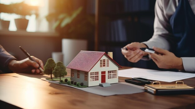 Foto un equipo de arquitectos inteligentes discutiendo el diseño de la casa mientras un trabajador masculino guapo presenta una idea de ia generativa