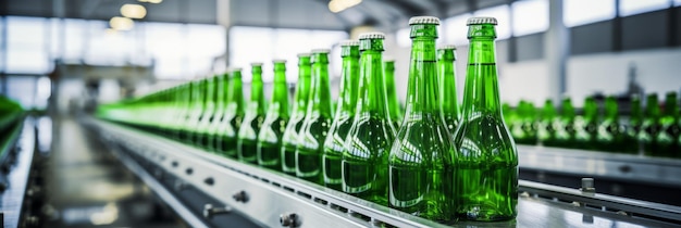 Foto equipo automatizado eficiente para llenar bebidas en botellas de vidrio en una moderna planta de fabricación