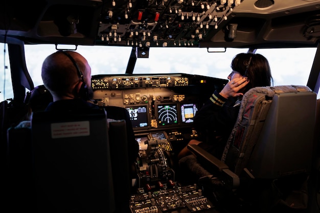 Equipo de avión y capitán usando el interruptor de encendido en el tablero de la cabina para volar aviones. Tripulación aérea presionando botones en el comando del panel de control para viajar con avión, radar de navegación.