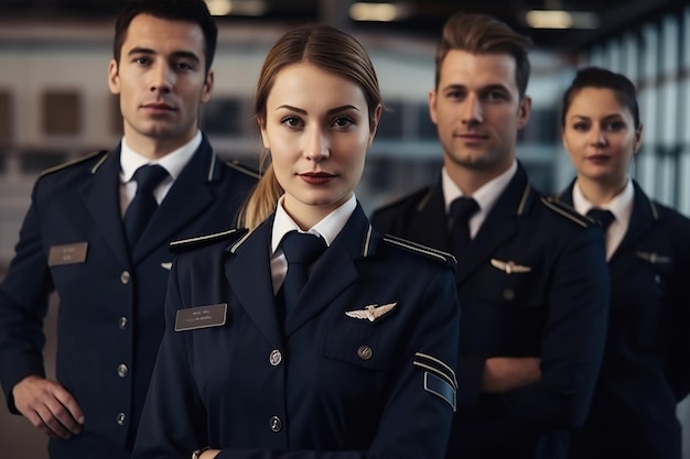 Equipo de azafatas y pilotos masculinos en el aeropuerto IA generativa