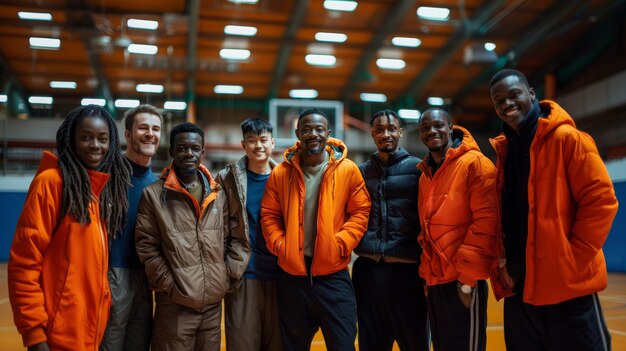 Equipo de baloncesto diverso con chaquetas naranjas sonriendo en la cancha cubierta