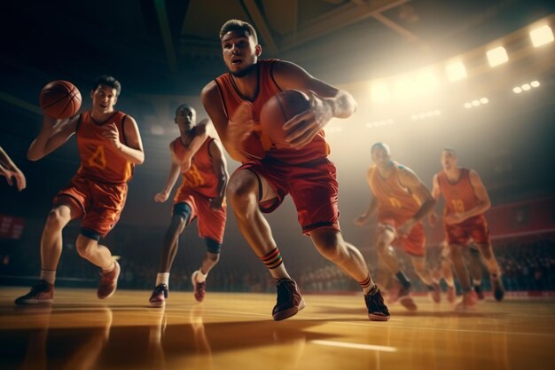 Equipo de baloncesto junior en acción en un generativo de madera dura