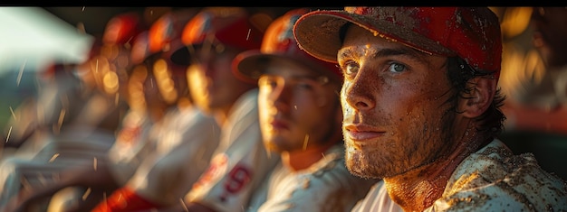 Foto equipo de béisbol en el dugout viendo nerviosamente las últimas entradas hiperdetallado fotorrealista hd súper detallado