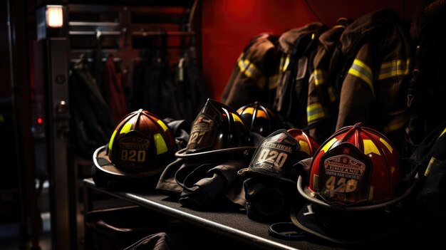 Foto el equipo de los bomberos cuelga de ganchos.