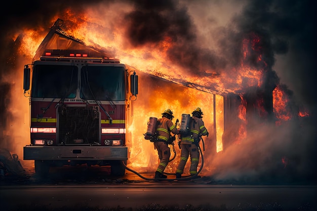 El equipo de bomberos luchando contra un accidente de incendio por la noche La red neuronal generó arte