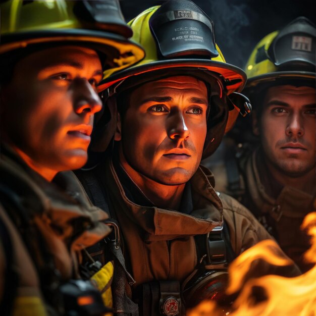 Foto equipo de bomberos por la noche en el fuego equipo de bomberos por la noite en el fuego