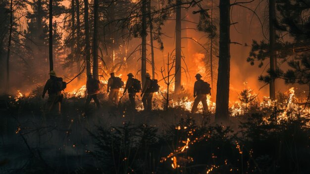 Un equipo de bomberos que vigila una quema controlada en un bosque utilizando fuego controlado para reducir la acumulación de combustible y prevenir futuros incendios forestales