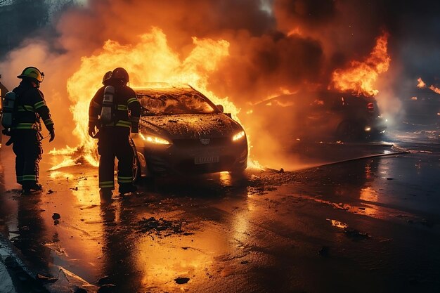 Un equipo de bomberos trabajando diligentemente para reducir el daño del fuego IA generativa