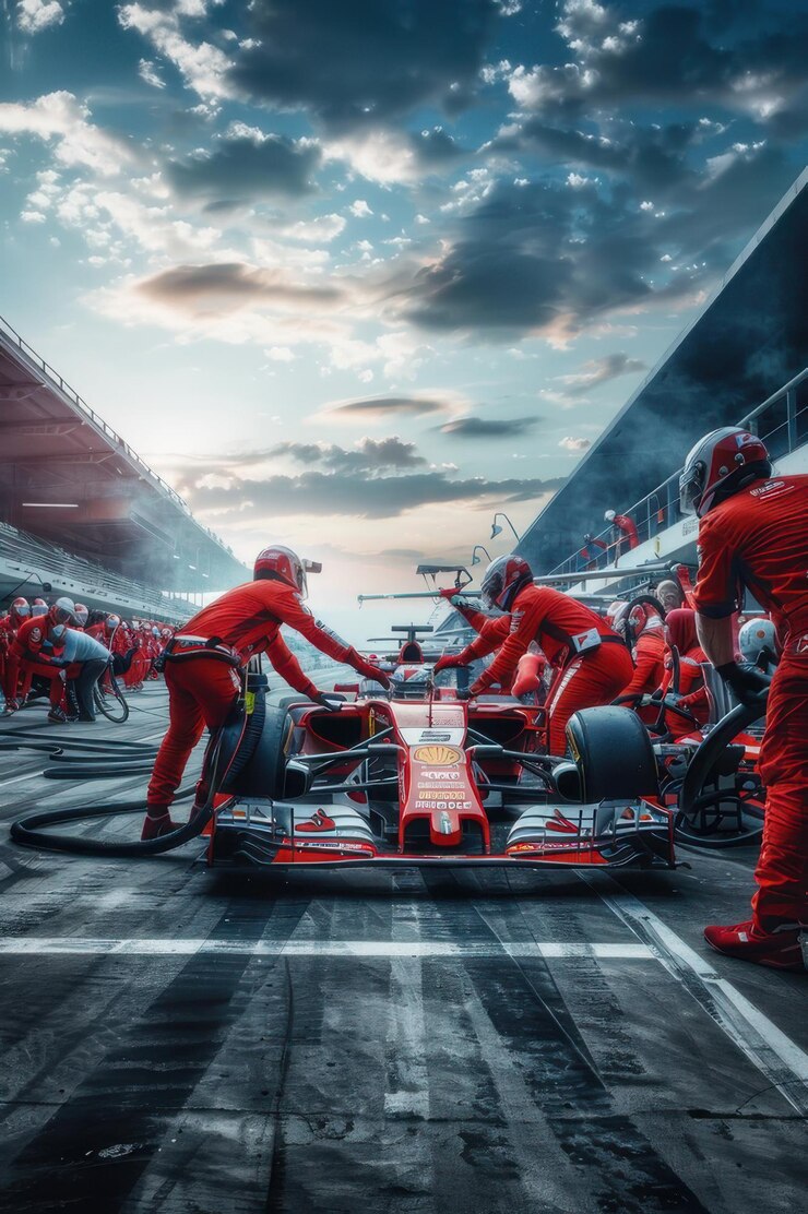 El equipo de boxes trabajando en un coche de Fórmula 1 rojo durante una parada en boxes en una pista de carreras bajo un cielo dramático