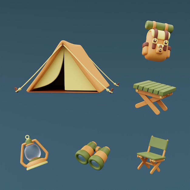 Equipo de camping con carpa turística, mochila, linterna, mesa de madera, binoculares aislados en fondo azul, concepto de vacaciones. Estilo minimalista. Representación 3d.