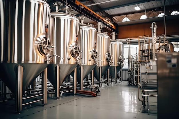 Equipo de cervecería elaboración de cerveza fabricación de cerveza tanques de almacenamiento de cobre redondo para la fermentación y maduración de la cerveza ilustración generativa de IA